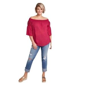 Lane Bryant Magenta Pink 3/4 Sleeve Off The Shoulder Smocked Neck  Blouse 26/28